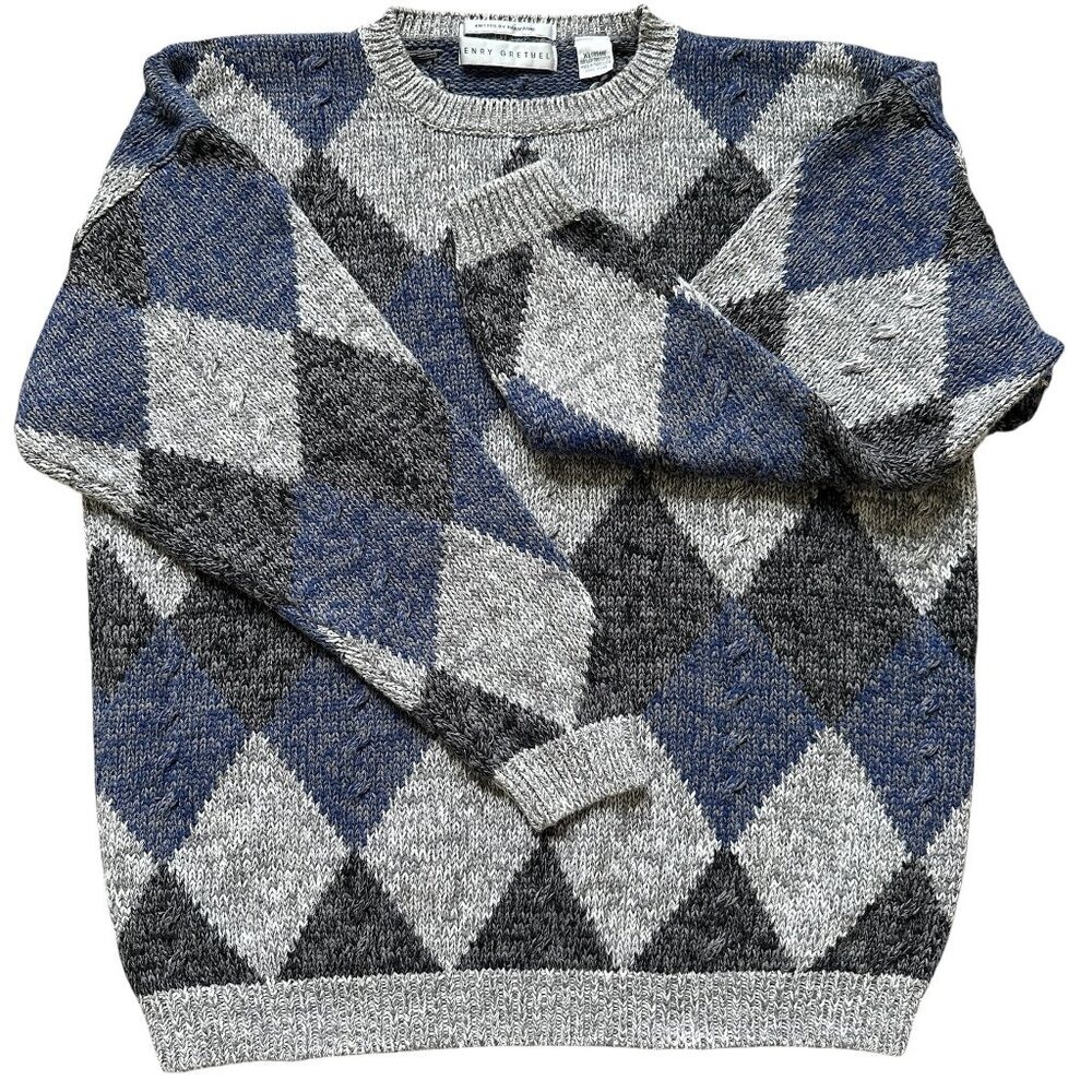 VTG HENRY GRETHEL Sweater Argyle‎ Gray Blue XL Y2K 90s Handframe Knit Abstract - Picture 3 of 12